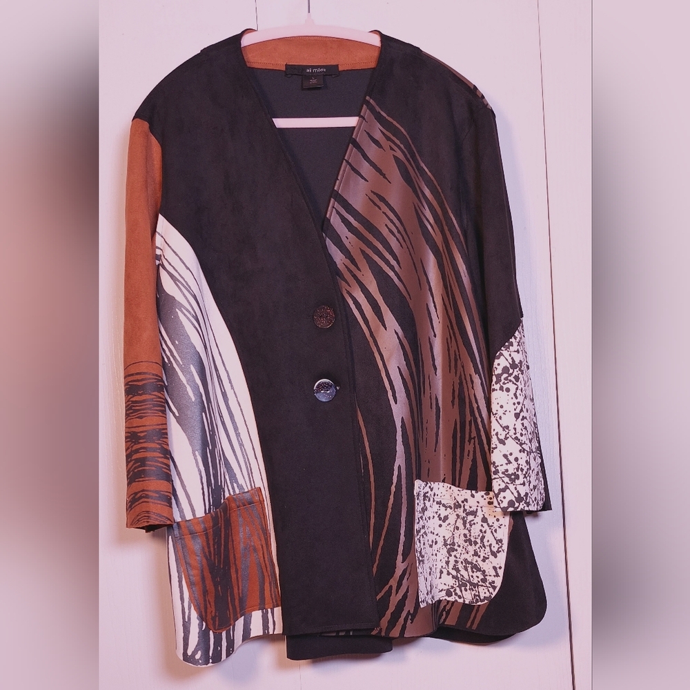 Ali Miles Knit Faux Suede Printed Jacket Size Large Patch Pockets Button Boho - Picture 15 of 15